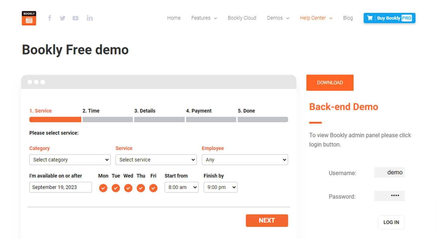 Demo Bookly WordPress reserveringen plug-in