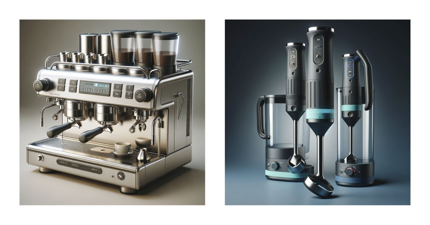 Door ChatGPT gecreëerd 3d ontwerp van een espresso apparaat en staafmixer
