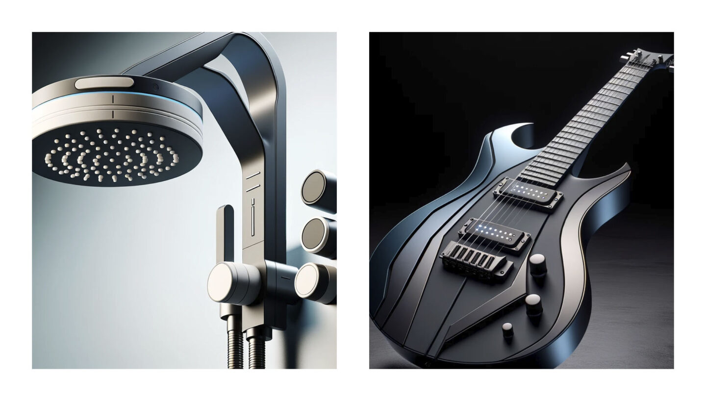 Door ChatGPT gecreëerd 3d ontwerp van een douchekop en elektrische gitaar
