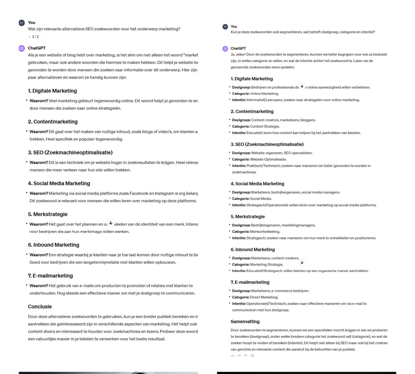 ChatGPT-SEO-voorbeeld: alternatieve zoekwoorden genereren en deze groeperen/segmenteren