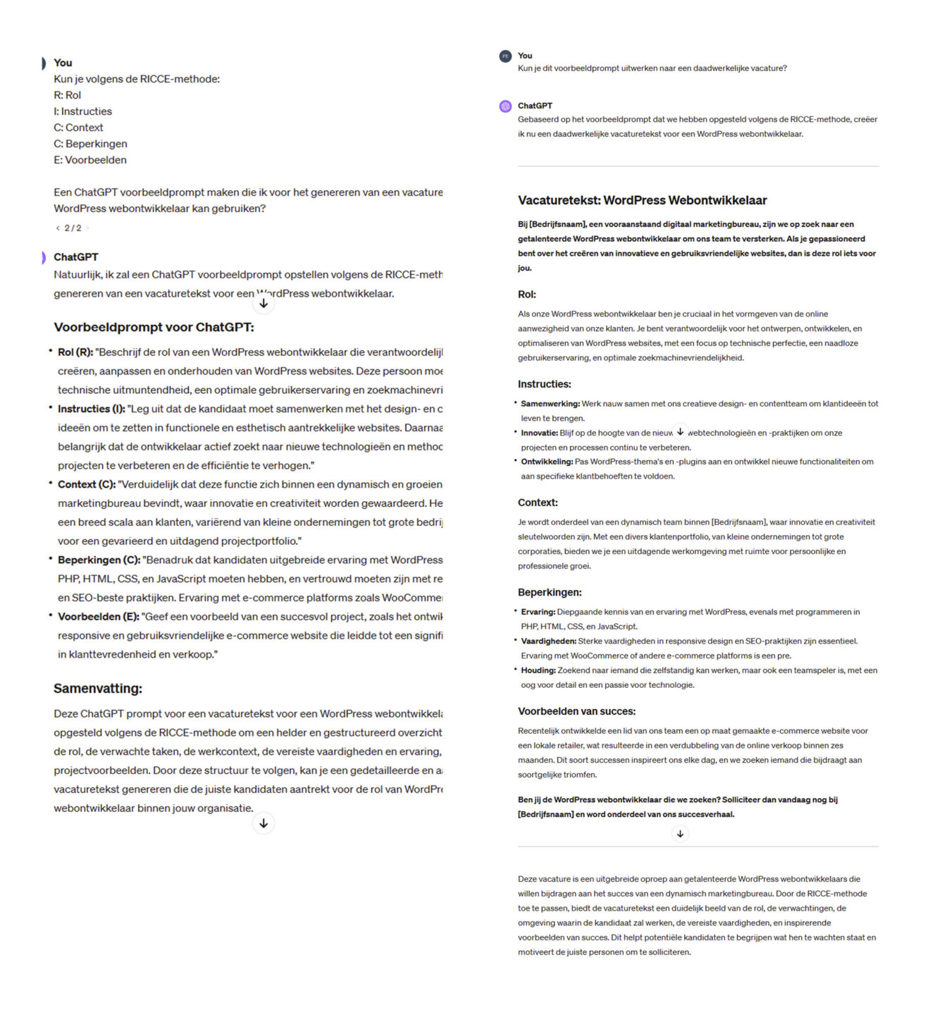 Voorbeeld via ChatGPT creëren vacaturetekst WordPress webontwikkelaar