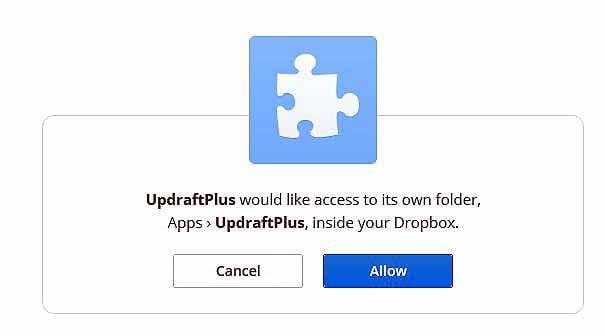 Koppeling tussen UpdraftPlus en een externe opslagruimte (Dropbox) 
toestaan