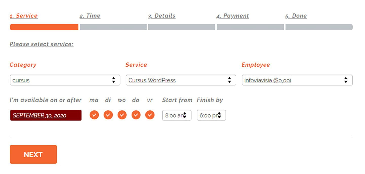 Voorbeeld van een formulier van de WordPress reserveringen plug-in Bookly