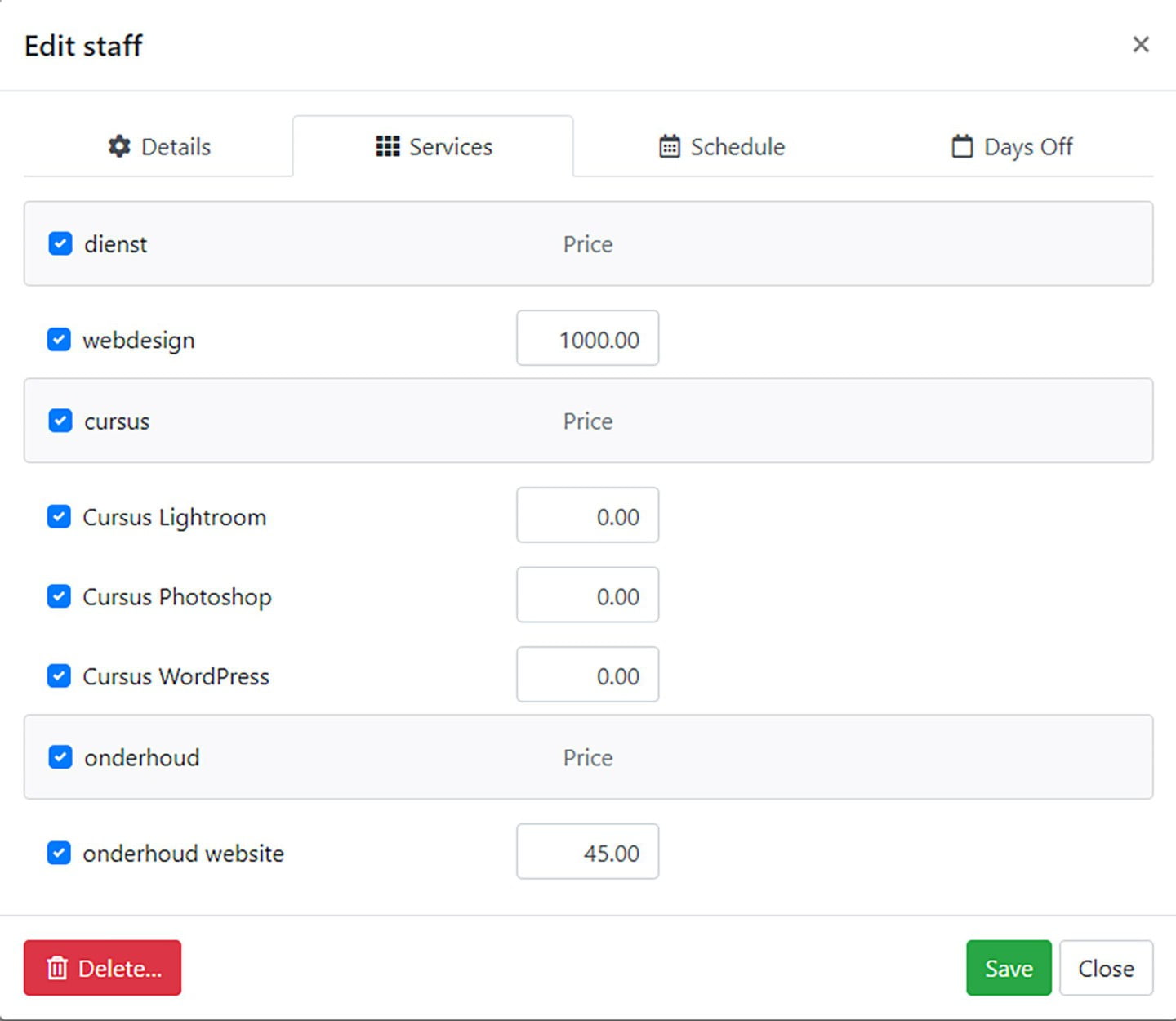 Overzichtsvenster diensten medewerker via Bookly WordPress reserveringen plug-in