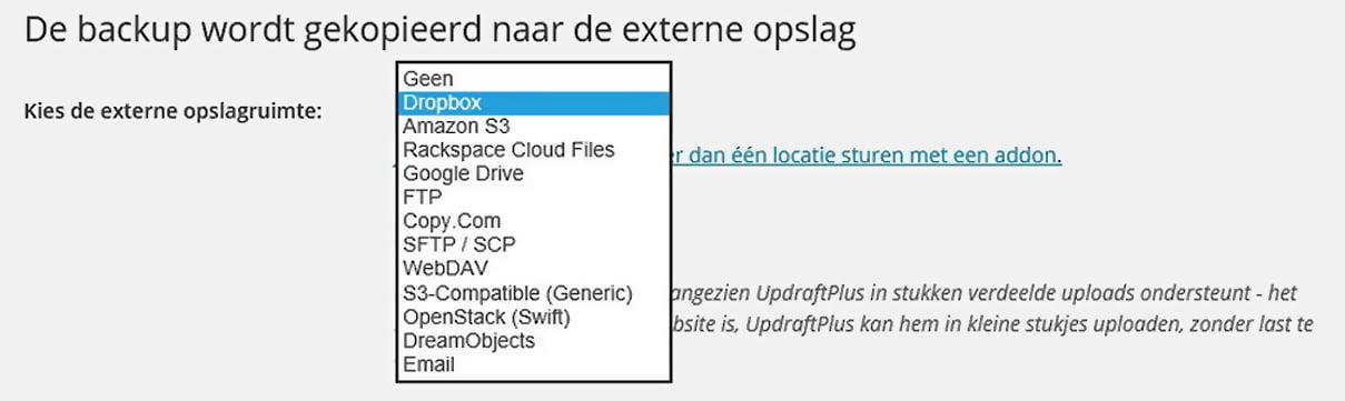 Externe opslag kiezen via UpdraftPlus plug-in