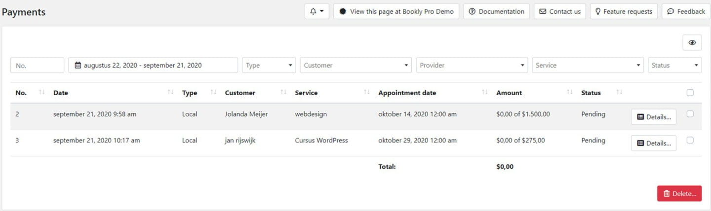 Overzicht betalingen klanten via Bookly plugin
