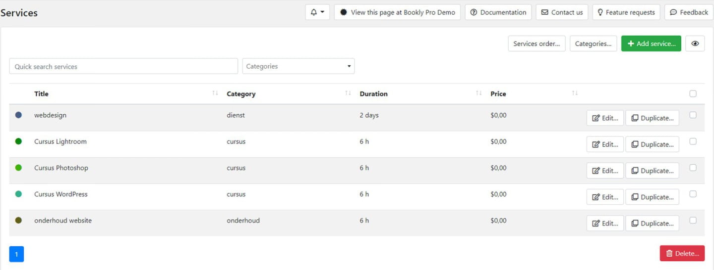 Overzicht aangeboden diensten/activiteiten via Bookly plugin