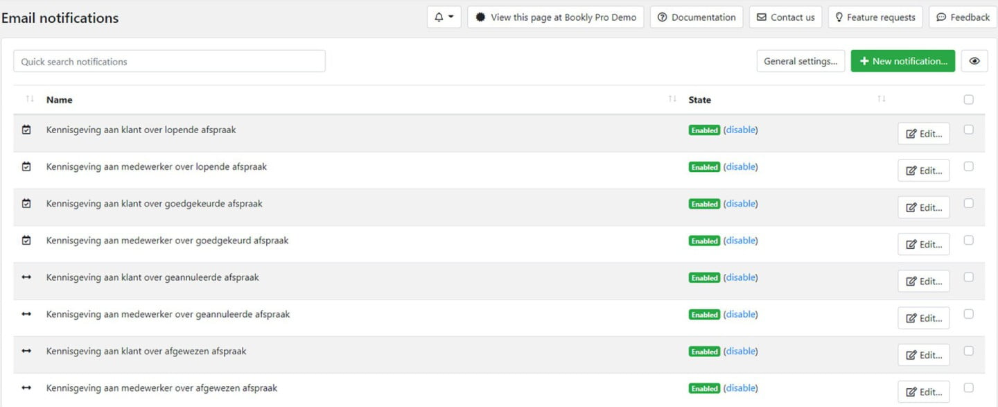 Overzicht van e-mail meldingen Bookly plugin