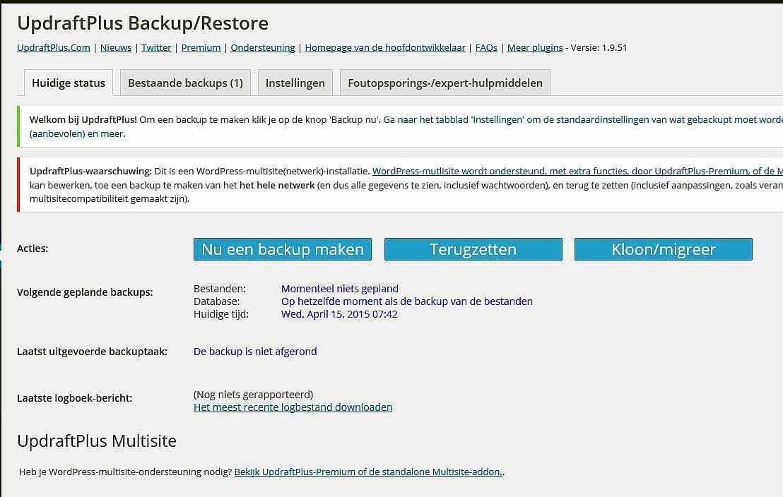 Backup WordPress website maken: hoofdscherm Updraftplus plugin