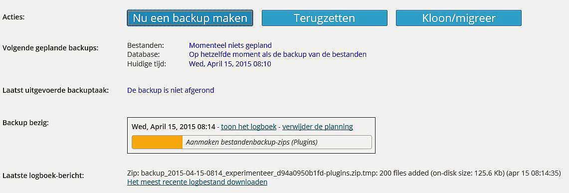 Verloop backup Updraftplus