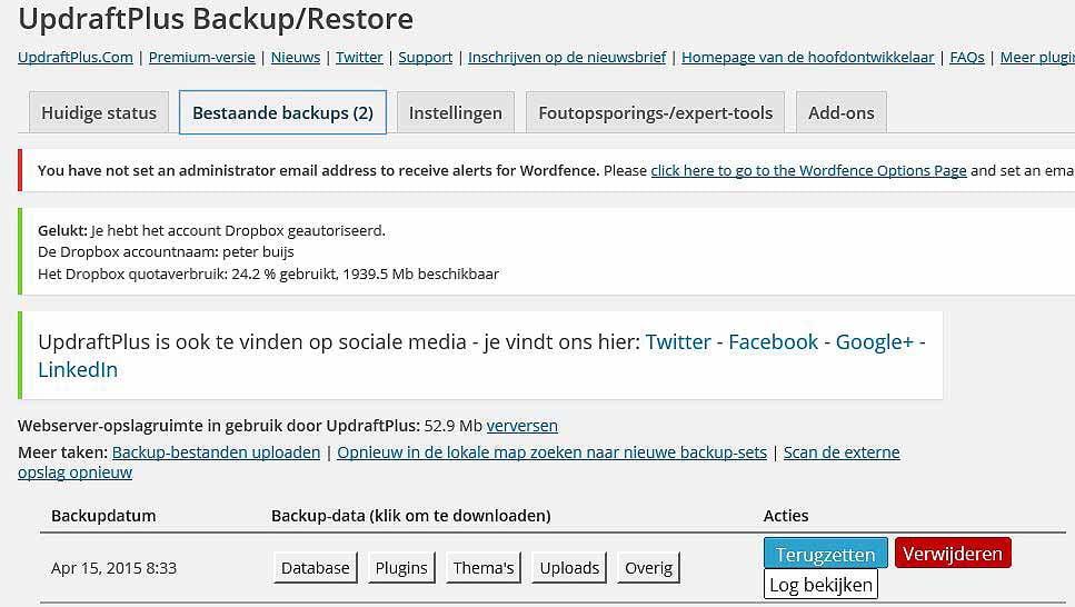 Backup terugzetten met UpdraftPlus plug-in