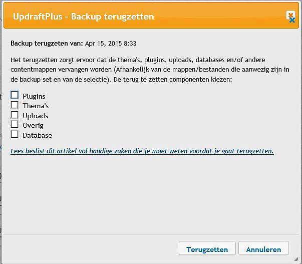 Backup terugzetten keuze menu, om te bepalen wat je terug wilt zetten