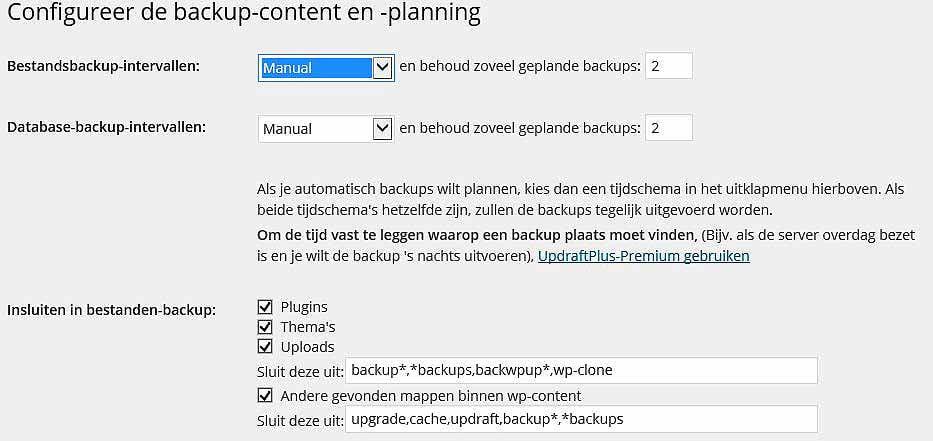 Backup WordPress website maken: configureer de backup content en planning Updraftplus